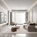 Modern Living Room Interior With Large TV Beige Sofa Round Coffee Table And Chandelier