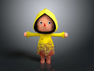 Cute Cartoon Doll In Yellow Raincoat With Red Nose And Outstretched Arms 3d model
