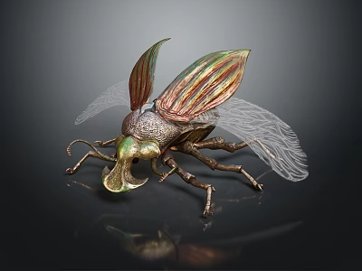 Artistic Flying Beetle Sculpture With Metallic Body And Transparent Wings 3d model