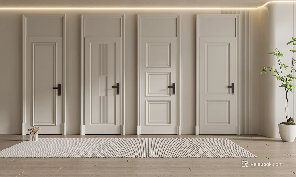 Modern Home Interior Featuring Four White Hinged Doors With Diverse Panel Patterns 3d model