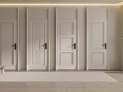 Modern Home Interior Featuring Four White Hinged Doors With Diverse Panel Patterns 3d model