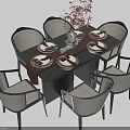 Elegant Dark Dining Table Set With Chairs Vase Red Flowers And Tableware 3d model