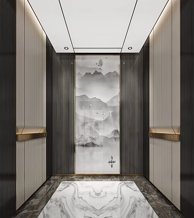 Elevator Interior Featuring Chinese Landscape Painting Wooden Panels Marble Floor And Golden Accents 3d model