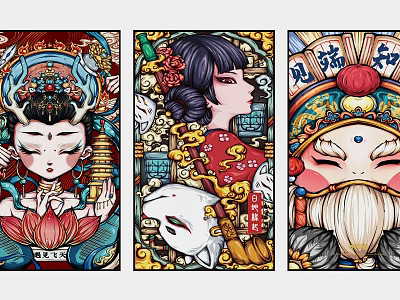 Chinese Traditional Character Paintings With Opera Masks Lotus And Decorative Patterns 3d model