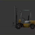 Yellow Industrial Forklift With Long Metal Forks And Driver Cabin
