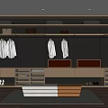 Modern Wooden Wardrobe Interior With Hanging Clothes Storage Boxes And Bench