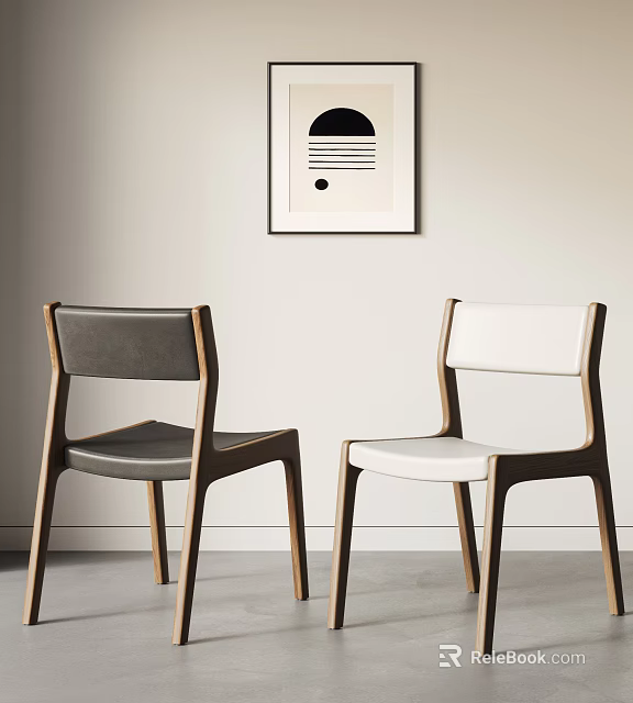 Modern Minimalist Dining Chairs with Wooden Frame and Gray White Upholstery in Simple Interior 3d model 