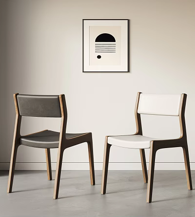 Modern Minimalist Dining Chairs with Wooden Frame and Gray White Upholstery in Simple Interior 3d model
