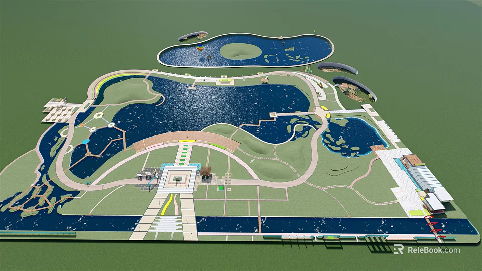 Waterfront Landscape Design Featuring Multiple Lakes Green Spaces And Walking Paths 3d model