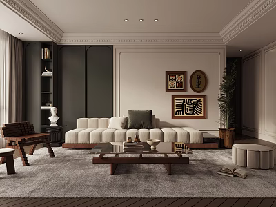 Modern Living Dining Room Interior Design With Sofa Coffee Table Decorative Paintings And Plant 3d model