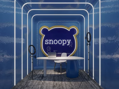 Public Office Area With Snoopy Logo Blue Theme Neon Decorations Ring Lights And White Furniture 3d model