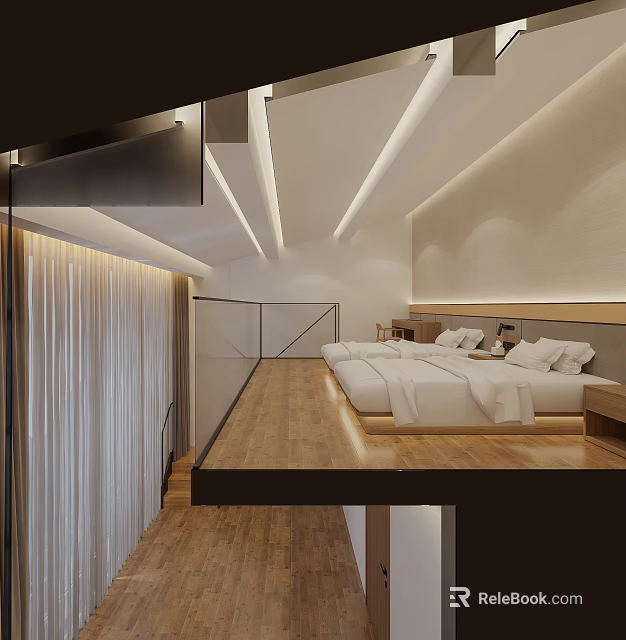 Modern Loft Hotel Room Interior With King Bed Wooden Floor And White Bedding 3d model 