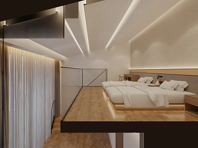 Modern Loft Hotel Room Interior With King Bed Wooden Floor And White Bedding 3d model
