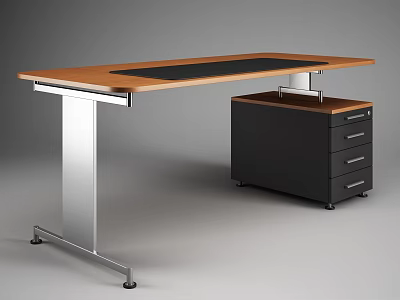 Modern Office Desk With Wooden Top Black Pad Silver Legs And Black Drawer Cabinet 3d model