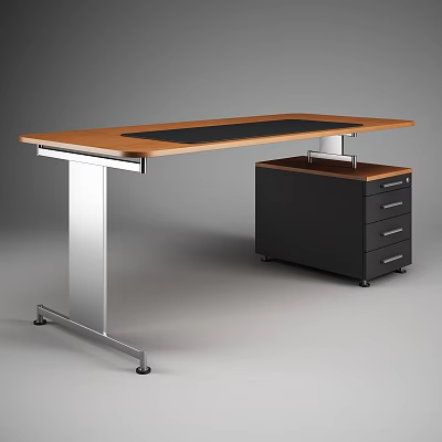 Modern Office Desk With Wooden Top Black Pad Silver Legs And Black Drawer Cabinet 3d model