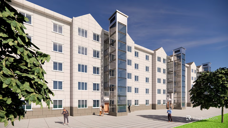 White Multi Floor Building With Glass Elevators Windows And People Around Trees 3d model