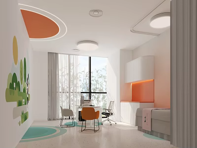 Modern Hospital Outpatient Clinic Interior With Orange Accent Wall Green Murals And Comfortable Seating 3d model