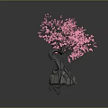 Vibrant Pink Flowering Tree With Twisted Trunk And Stone Base On Dark Background