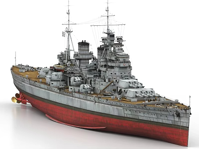 Vintage Battleship With Gray Hull Red Bottom Turrets And Upper Structures 3d model