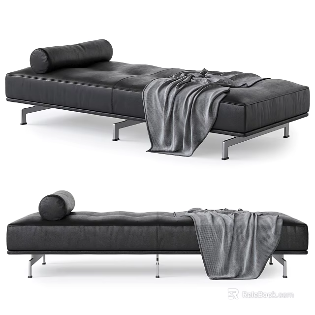 Modern Black Leather Chaise Lounge With Metal Legs Rolled Cushion And Gray Throw Blanket 3d model 