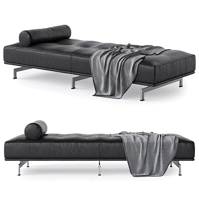 Modern Black Leather Chaise Lounge With Metal Legs Rolled Cushion And Gray Throw Blanket 3d model