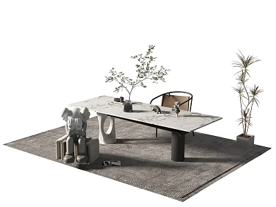 Modern Home Office Desk Setup With Chair Green Plants And Decorative Rug 3d model