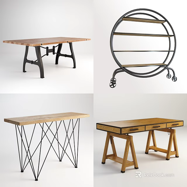 Dining Tables Featuring Wooden Tops Metal Legs Geometric Frames Circular Shelves and Wheels 3d model 