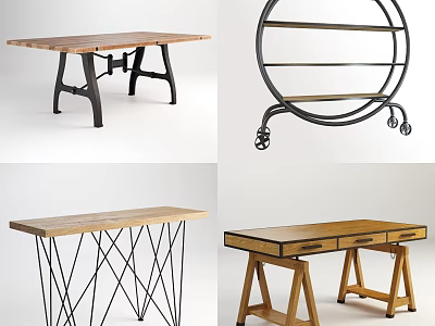 Dining Tables Featuring Wooden Tops Metal Legs Geometric Frames Circular Shelves and Wheels 3d model