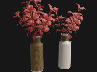 Pink Lily Flowers In Brown Woven And White Ceramic Vases For Home Decor 3d model