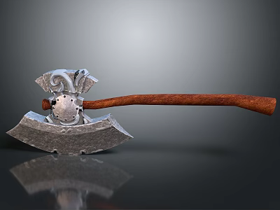 Ornate Metal Axe With Brown Wooden Handle And Detailed Decorative Design 3d model