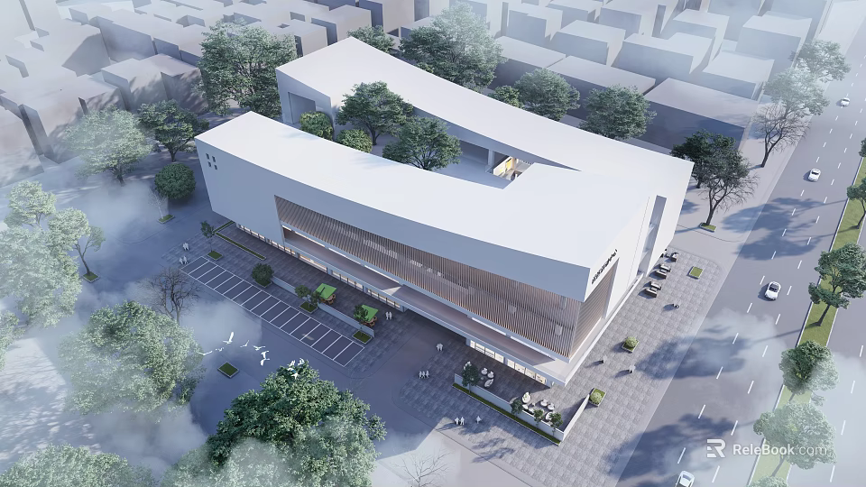 Modern White Public Building Design With Curved Roof Parking Lot Trees And Street 3d model 