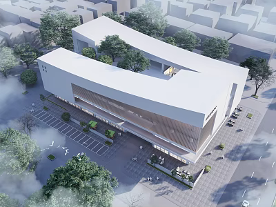 Modern White Public Building Design With Curved Roof Parking Lot Trees And Street 3d model