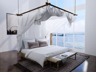 White Canopy Double Bed With Sea View Through Large Window And Wooden Floor 3d model