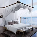 White Canopy Double Bed With Sea View Through Large Window And Wooden Floor