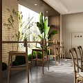 Modern Restaurant Interior Design With Wooden Tables Chairs Hanging Lights Large Windows And Green Plants