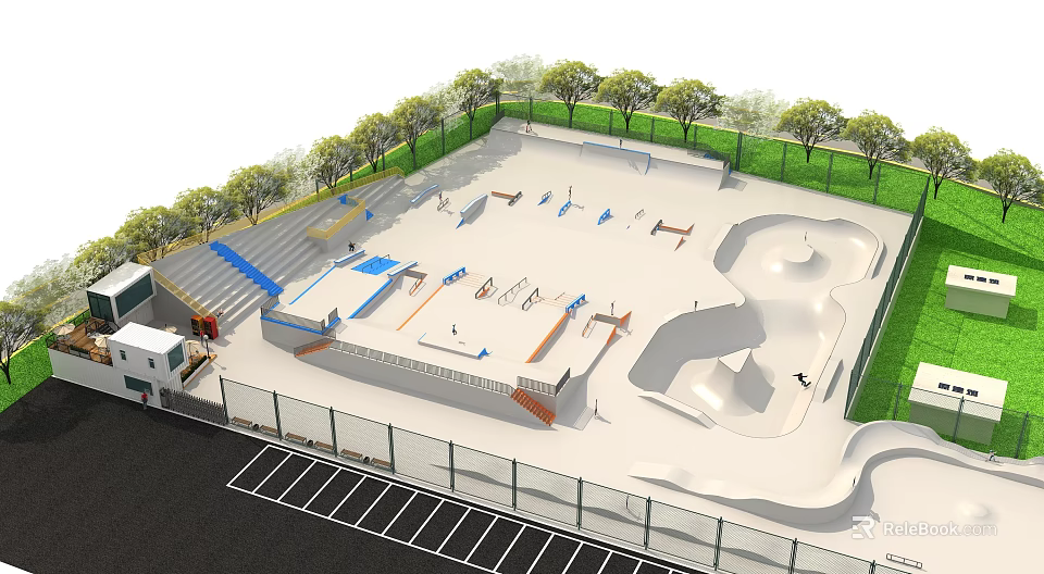 Skate Park Fitness Facilities With Ramps Obstacles Trees Fencing And Parking Lot 3d model 