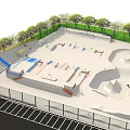 Skate Park Fitness Facilities With Ramps Obstacles Trees Fencing And Parking Lot