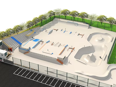 Skate Park Fitness Facilities With Ramps Obstacles Trees Fencing And Parking Lot 3d model