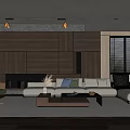 Modern Living Room Interior With Dark Wooden Wall Light Sofa Coffee Table And Window Blinds