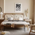 Modern Bedroom Interior With Upholstered Headboard Wooden Bed Textured Rug And Abstract Artwork