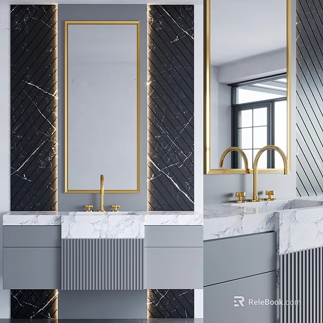 Modern Luxury Bathroom Vanity With Marble Countertop Gray Cabinet Gold Faucet And Mirror 3d model 