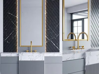 Modern Luxury Bathroom Vanity With Marble Countertop Gray Cabinet Gold Faucet And Mirror 3d model