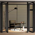 Open Folding Doors In Modern Interior With Floor Lamp And Armchair