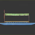 Traditional Decorative Water Transport Boat with Green Canopy Colorful Decorations Blue Yellow Hull and Seats