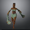 Woman In Light Green Off Shoulder Dress With Decorative Waist And Flowing Red Accent Ribbons