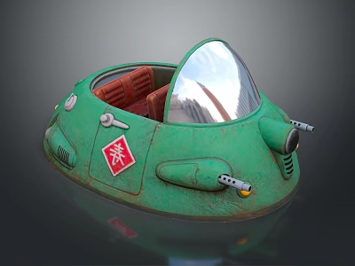 Green Circular Rusty Weapon With Cockpit Transparent Canopy Red Seats And Side Cannon Barrels 3d model