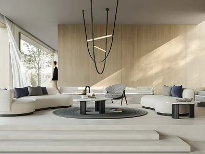 Modern Living Room Interior With Wooden Wall Curved Sofa And Hanging Chandelier 3d model
