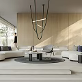 Modern Living Room Interior With Wooden Wall Curved Sofa And Hanging Chandelier