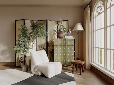 Elegant Green Lattice Decorative Cabinet In Interior With White Chair Floor Lamp And Plant 3d model