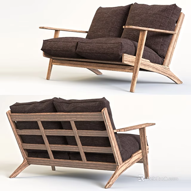 Modern Two Seater Sofa With Wooden Frame And Brown Upholstered Cushions 3d model 